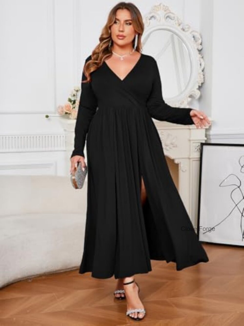 Plus Size 0X-4X Double High Split Maxi Dress Ruffle Sleeve - Picture 4 of 7